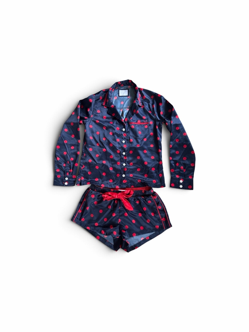 A&F Abercrombie And Fitch Satin navy red Polka Dot Pajama Set S Small EUC